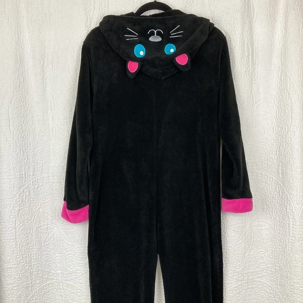 PJ Couture Women’s Black Kitty Fleece Onesie Pajamas sz Large